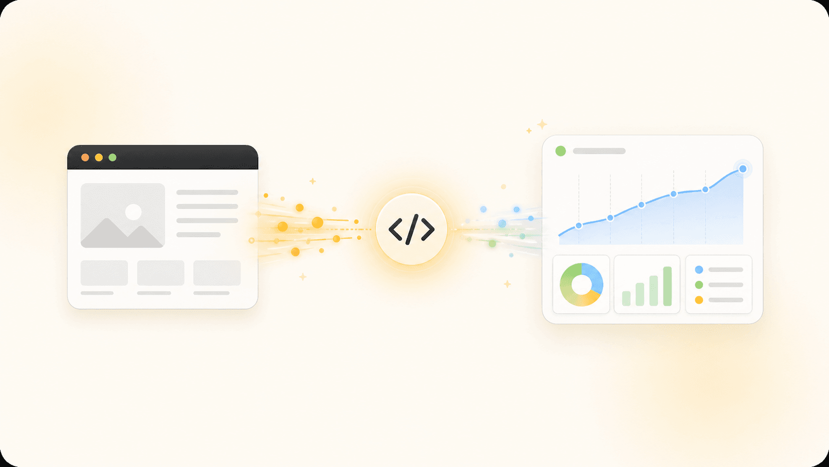 Illustration of website activity flowing into an analytics dashboard